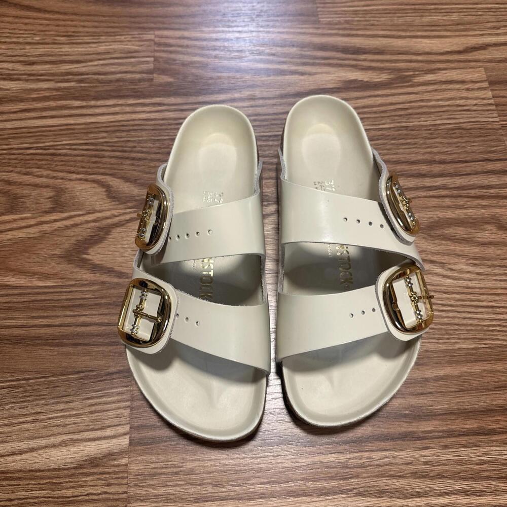 Birkenstock Arizona Gold Big Buckle High Shine Ecru Leather 37 Summer Sandal
